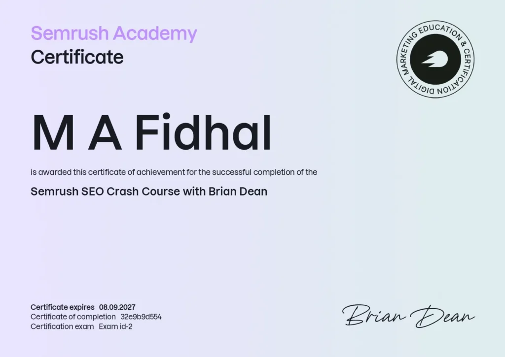 My Semrush SEO Crash Course Certificate